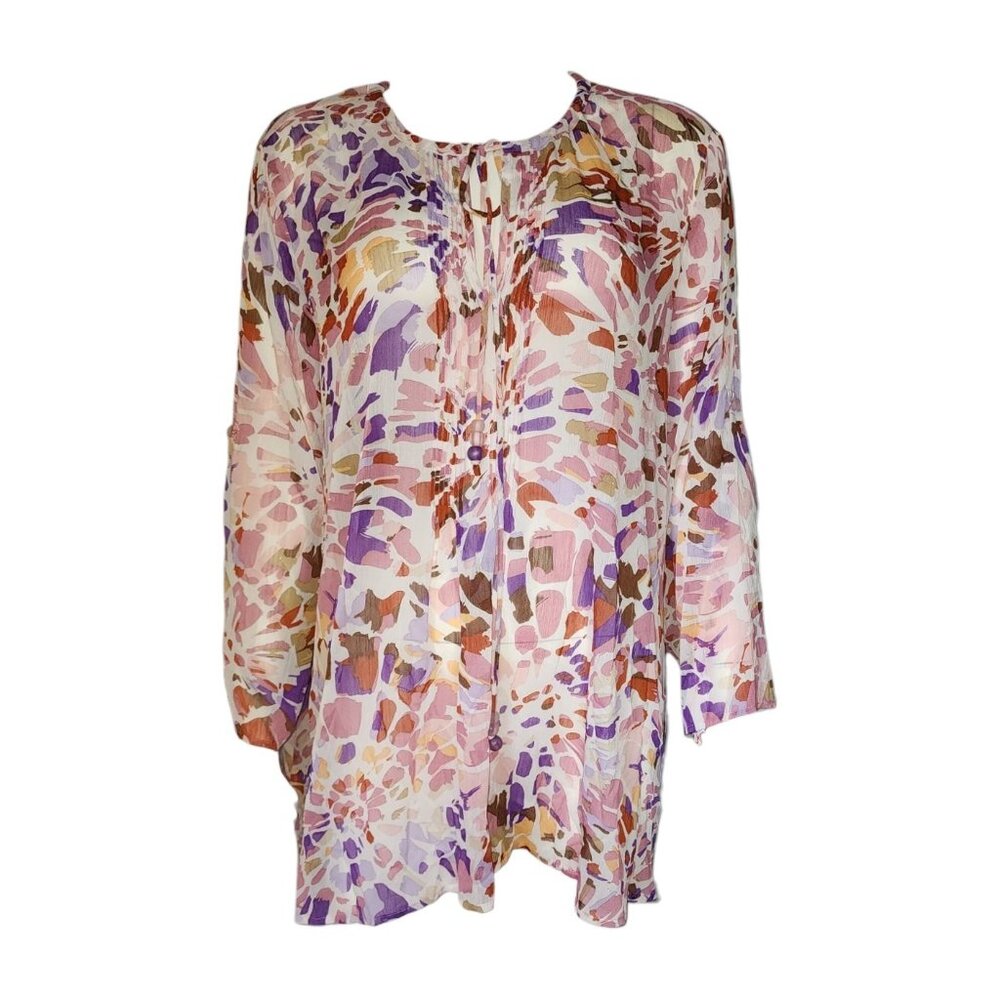 Susan Graver Top Womens Plus Size 1X Printed‎ Chiffon 3/4 Sleeve Pullover
